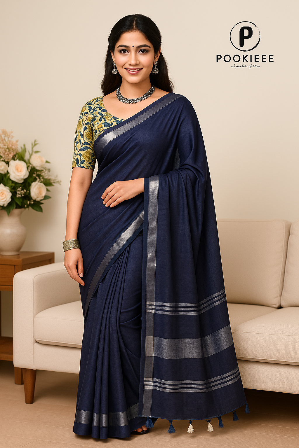 Plain Cotton Linen Saree with Blouse Piece